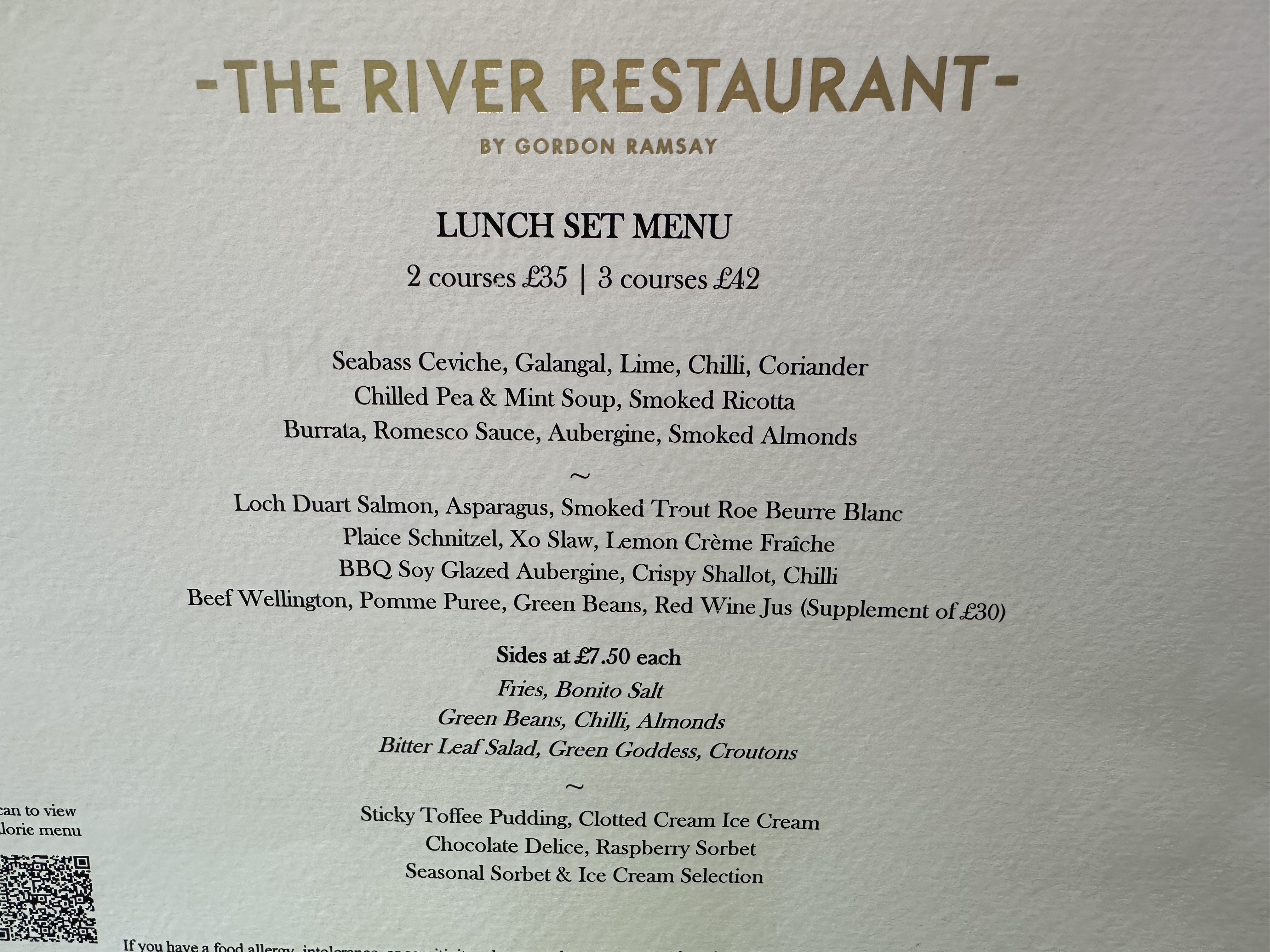A photograph of the Lunch Set Menu at River Restaurant, Savoy Hotel